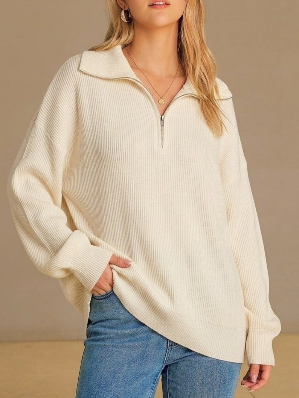 Arach & Cloz Cream Ribbed Half-Zip Pullover | Size XL Oversized
